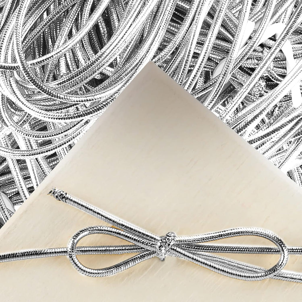 Jutom 100 Pcs Stretch Loops 16" Metallic Elastic Cord, Pre Tied Ornament Strings, Elastic Ribbon for Tags, String Bows for Christmas Decoration Gifts Wrapping Boxes (Silver)