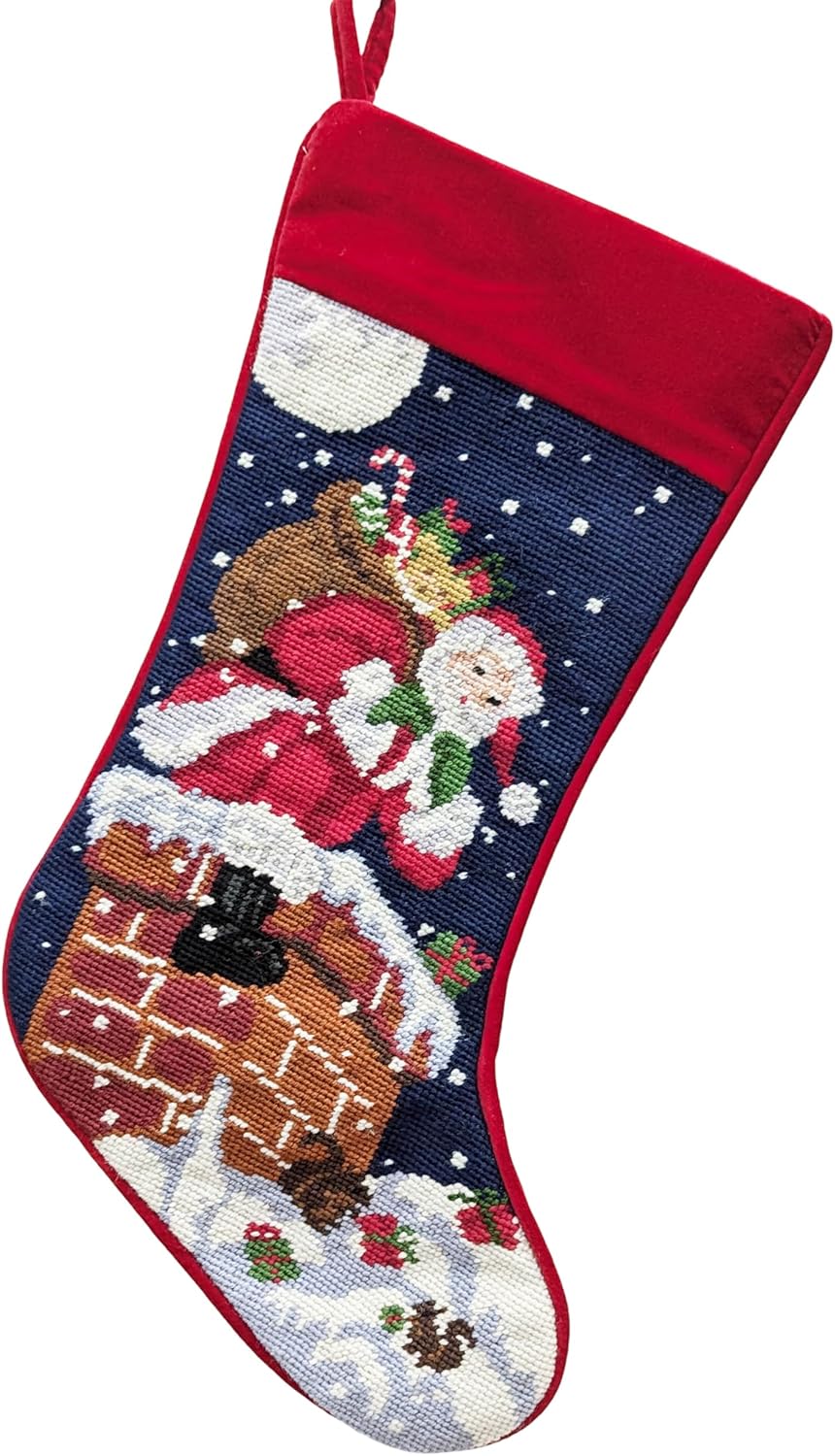Santa on Chimney Needlepoint Christmas Stocking - Personalized Name Embroidery Family Holiday Keepsake Décor