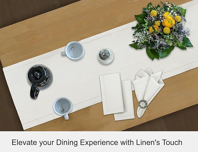 Ruvanti Linen Table Runner 72 Inches, Classic Hemstitch, Washable, Reusable, Non-Slipping, Stain Resistant- Perfect for Parties, Weddings, Dinners, Thanksgiving, Christmas, Indoor use – Ivory