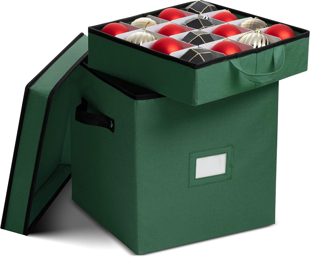 Zober Christmas Ornament Storage Box - Stores 64 Ornaments - Non-Woven, Tear- Proof Christmas Ornament Storage Containers - 3 Inch Cube Compartments - Green
