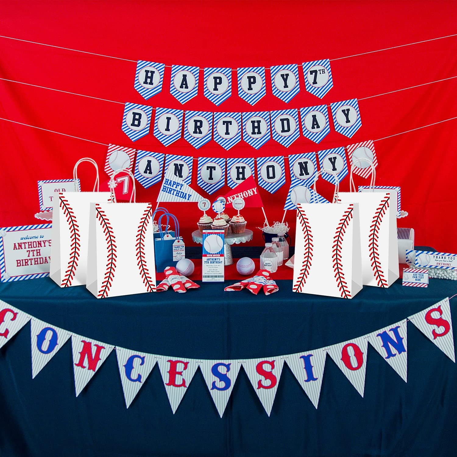 Generic 16 PCS Baseball Party Gift Bags, Baseball Pattern Gift Bag, 5.9 x 3.2 x 8.3 inches, Red, Smooth Finish, Polypropylene, 16 Count, Birthday Party Supplies for Kid Adult