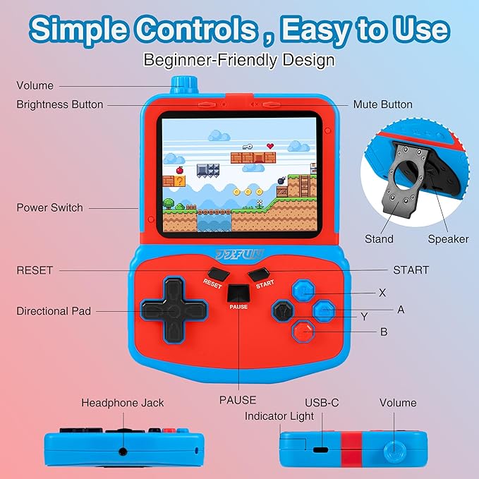 Portable Video Game Console for Kids, 220 Built-in Classic Retro Games, Handheld Plug & Play Player with 3.5'' IPS Screen, Rechargeable Travel Toy Birthday Gift for Boys & Girls- Blue