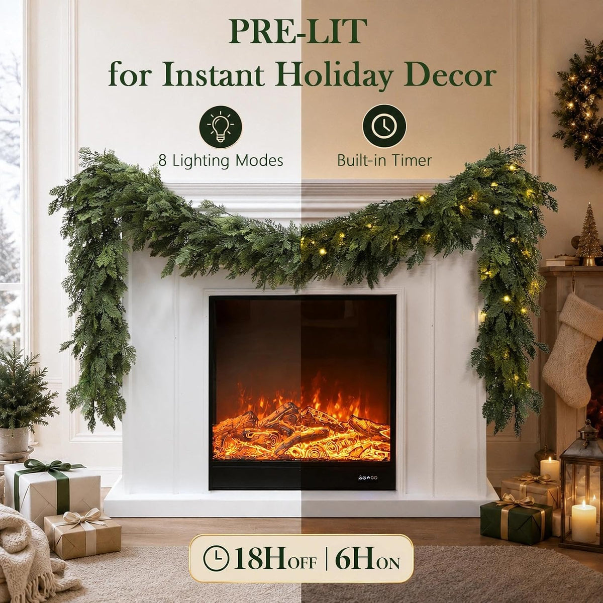 pre-lit christmas garland 9ft decorations real touch cedar, close-up detail