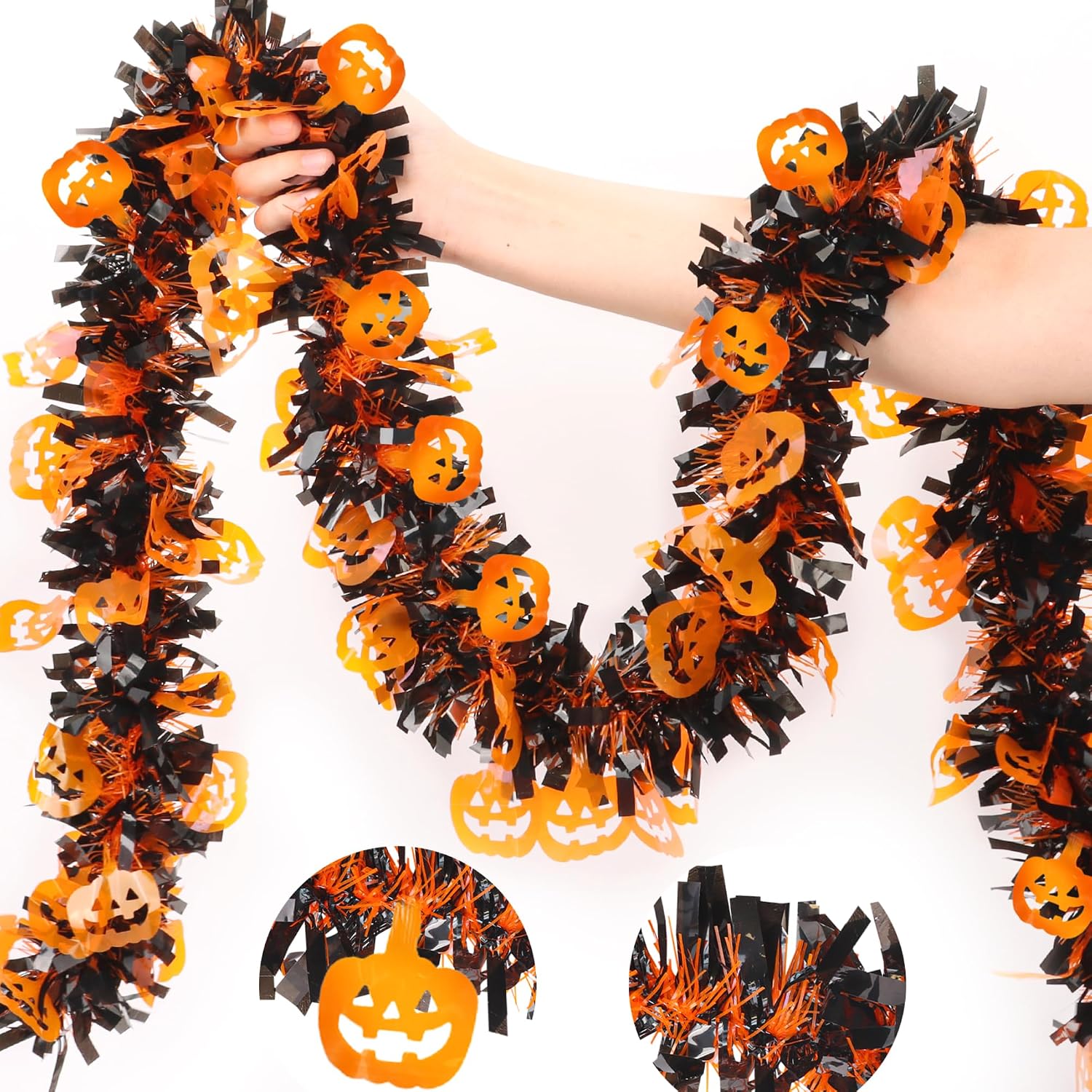 33FT Halloween Tinsel Garland with Orange Pumpkin Ornament, Shiny Metallic Twist Garland Outdoor Indoor Halloween Decorations for Home Table Office Classroom Fireplace Mantle Party Decor