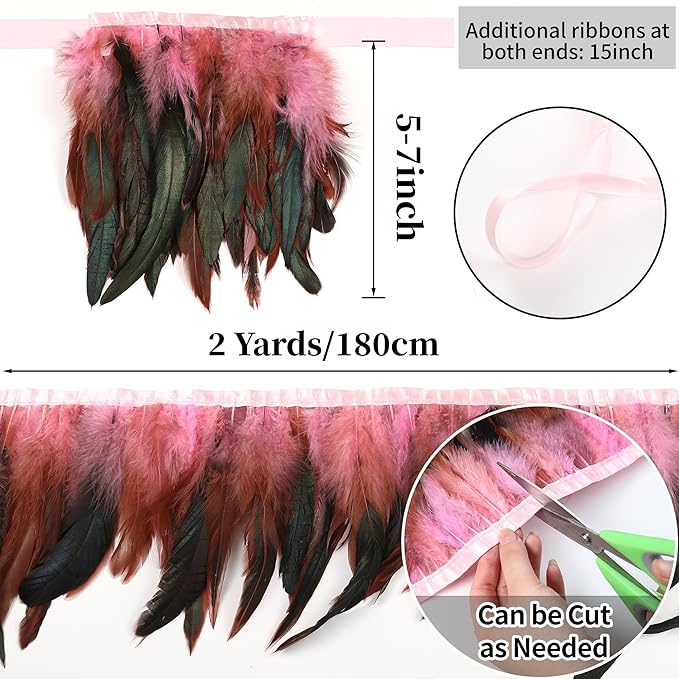 Holmgren Pink Rooster Feathers Trim - 2 Yards 5-7inch Rooster Feather Fringe Trim for Feather Shawl Cape, Skirt, Headband, Juju Hat and Party Costume Decoration (Pink)