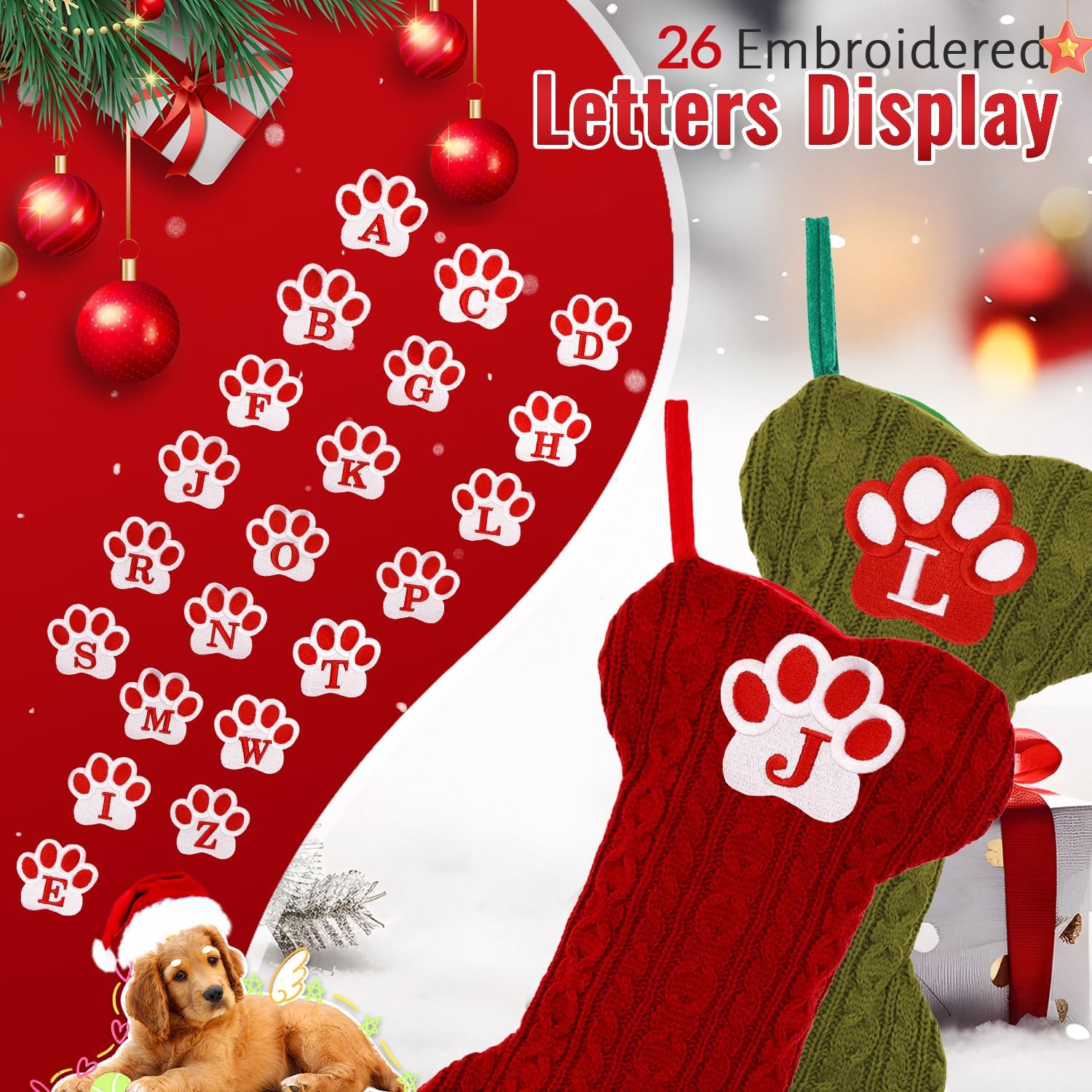 Dog Stocking with Initials，Bone Christmas Stocking with Letters,Large Knit Embroidered Monogram Christmas Stocking for Dogs Cats,Xmas Stockings for Pets Red M