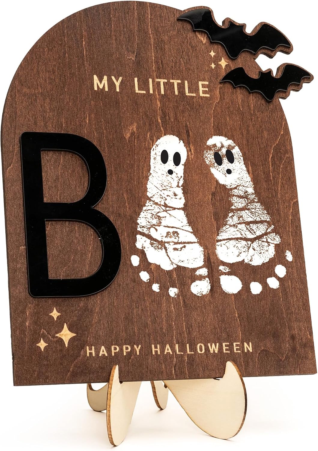 My Little Boo Wooden Halloween Sign – Baby Footprint Ghost Keepsake Plaque – Happy First Halloween Nursery Décor – Rustic Wooden Tabletop Sign for Newborn. Halloween baby