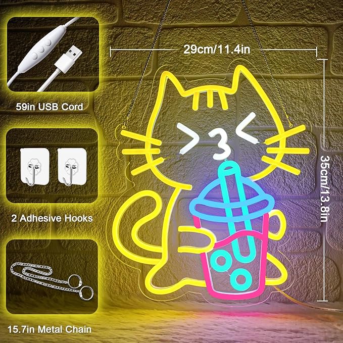 Cat Boba Tea Neon Sign Yellow Cat Led Neon Signs for Wall Decor USB Bubble Tea Neon Light Cute Animal Neon Light Sign for Bedroom Dessert Bar Coffee Shop Kitchen Restaurant Party