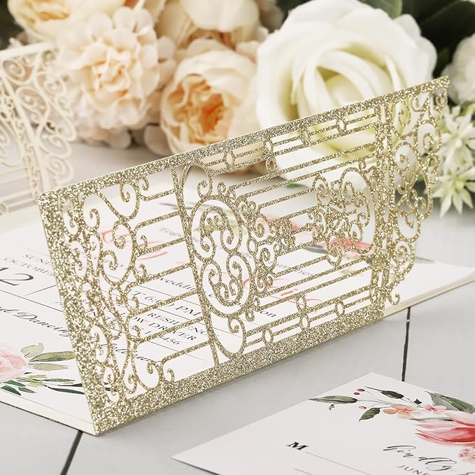 50PCS Gold Glitter Wedding Invitations Laser Cut Invitations with Envelopes and Rsvp Cards Personalized Inserts for Quinceanera Bridal Baby Shower Anniversary Birthday Engagement Fence Fold Design