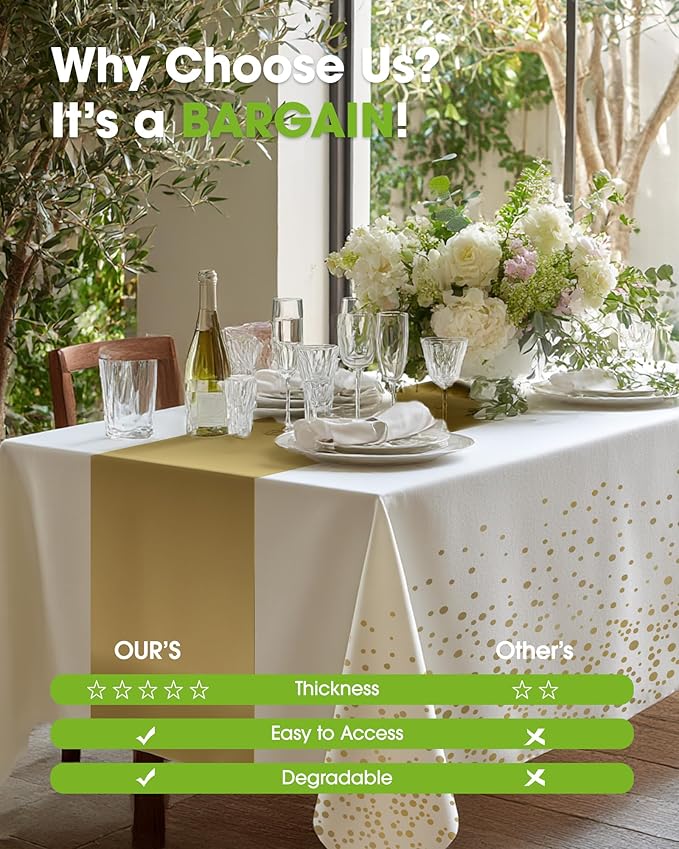 Pureegg Plastic Table Cloth Disposable 10 Pack, 54 x 108 Inch, Table Runner Style, Graduation Decorations 2025, Party Tablecloths, Rectangle, Plastic Cover, Leakproof & Sturdy, White Gold