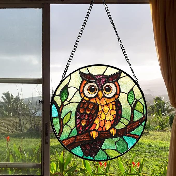 Stained Glass Window Hanging - Owl on a Branch Suncatcher for Doors Window Home Orange Brown Sun Catchers Decor Christmas Mother's Day Birthday Gifts for Teacher Women Men Mom Nana 6.3 in