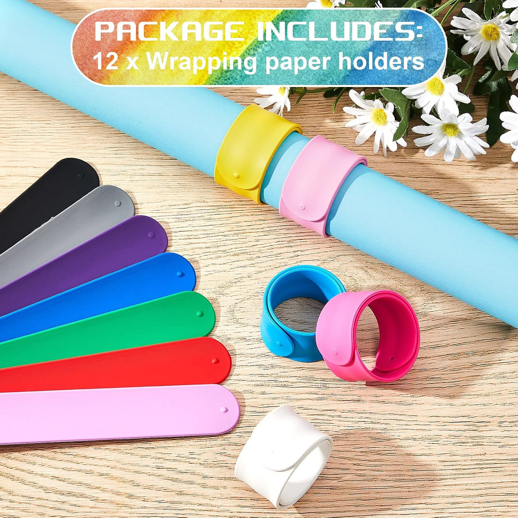 Leyndo 12 Pcs Wrapping Paper Roll Holder Clips Silicone Snap Bands Covered Metal Strips Flip 1 x 9 in Vinyl Roll Poster Holder for Christmas Wedding Graduation Gift Wrapping (Multi Colors)