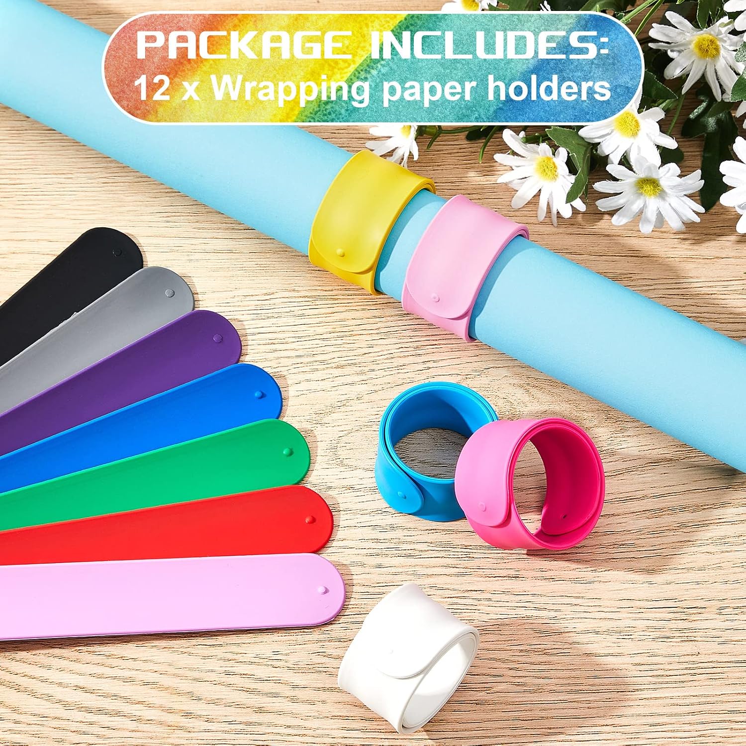 Leyndo 12 Pcs Wrapping Paper Roll Holder Clips Silicone Snap Bands Covered Metal Strips Flip 1 x 9 in Vinyl Roll Poster Holder for Christmas Wedding Graduation Gift Wrapping (Multi Colors)