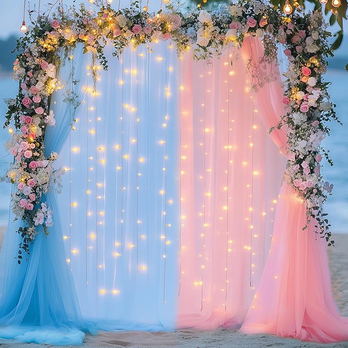 Tulle Backdrop Curtain with Lights String 10FT X 8FT Pink and Blue Sheer Tulle Backdrop Curtains for Wedding Birthday Party Reception Photo Booth Background Decorations (2 Panels 5x8FT)