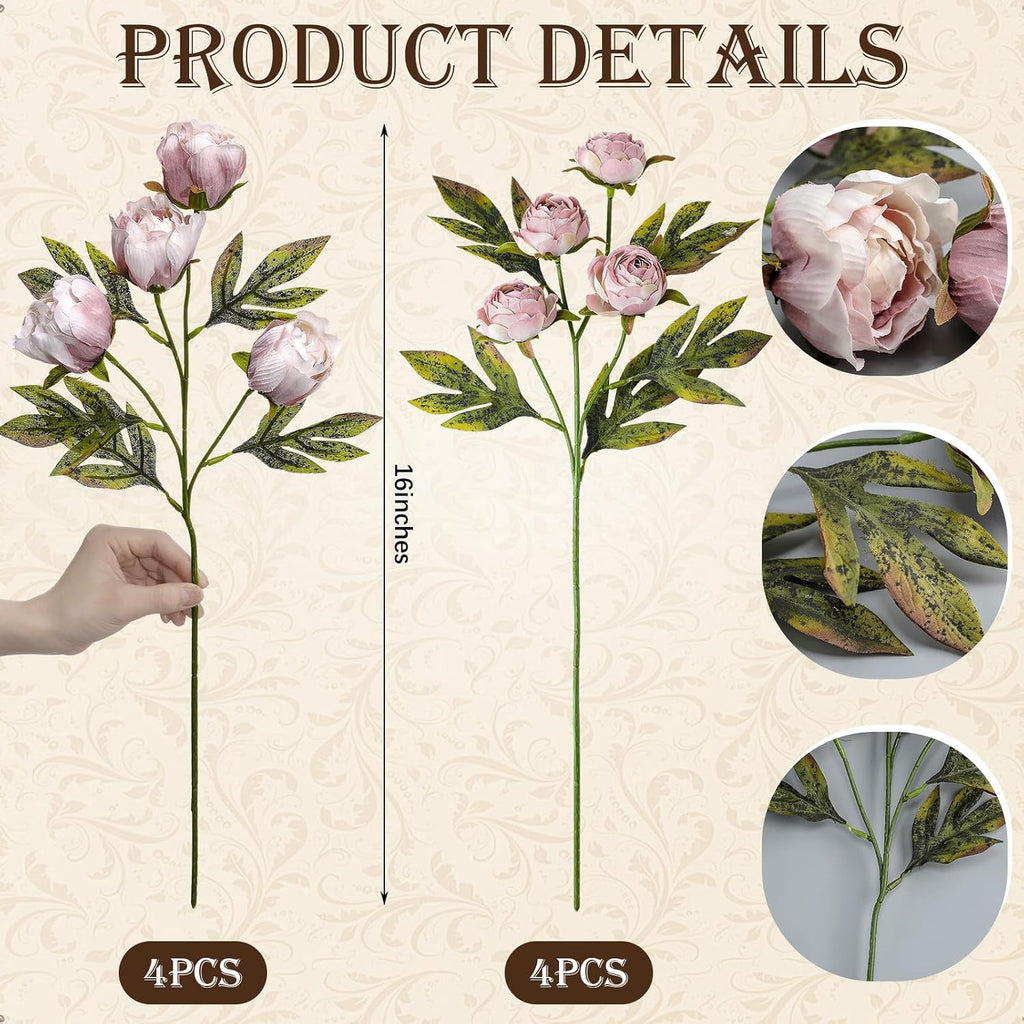 thiccywoov faux silk peony artificial flowers stem for, close-up detail