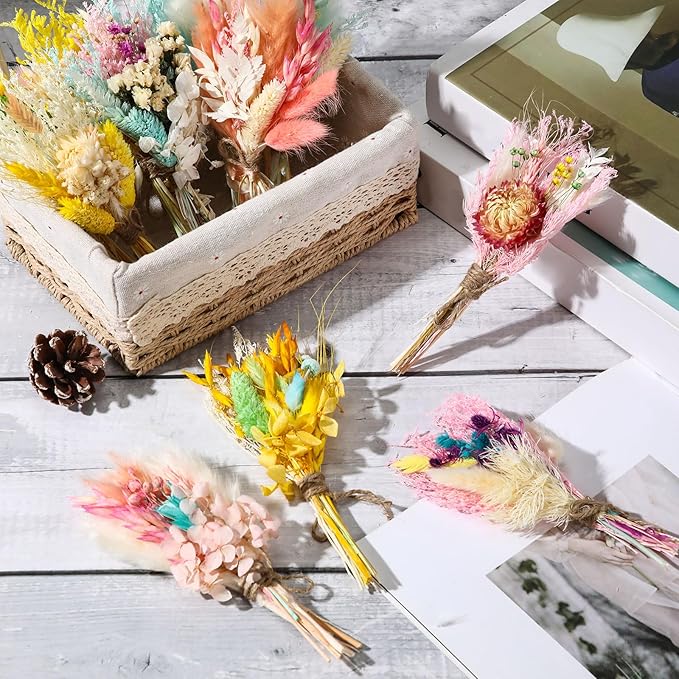 Layhit 12 Pack Boho Dried Flower Bouquet Mini Wedding Handmade Dry Flowers Decor for Vase Crafts DIY Photo Boutonniere for Men Floral Plant for Bridesmaid Gift Birthday Decor