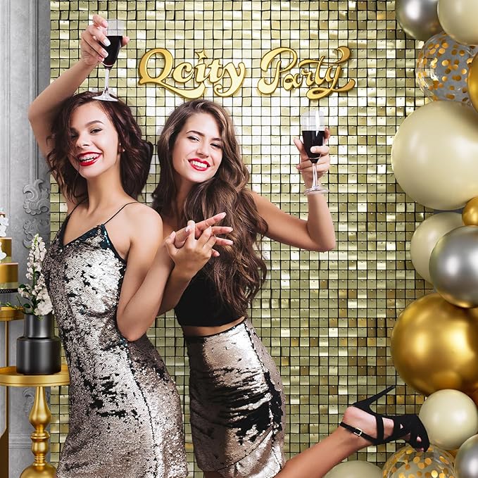 Qcity Light Gold Shimmer Wall Backdrop 36PCS, Black Back Not See-Through Design, Square Sequin Glitter Backdrop Panel, Perfect for Outdoor Events, Birthdays, Wedding and Party Decoration