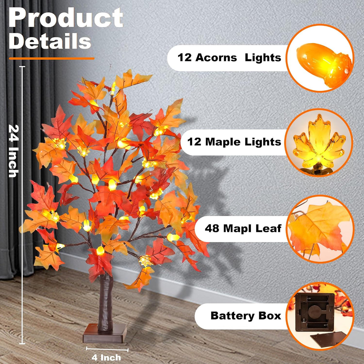 Fall Decor 2 Pack 24 Inch Lighted Maple Tree with 48 LED & Timer, Battery...