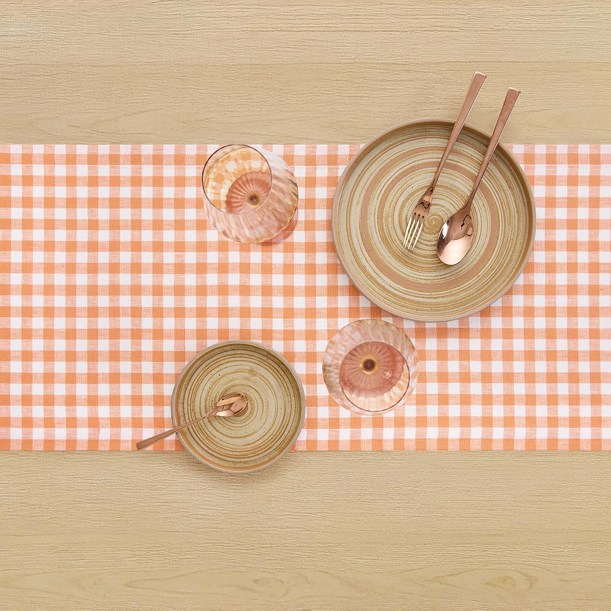 Solino Home 100% Pure Linen Table Runner Apricot, Gingham Check 14 x 90 in