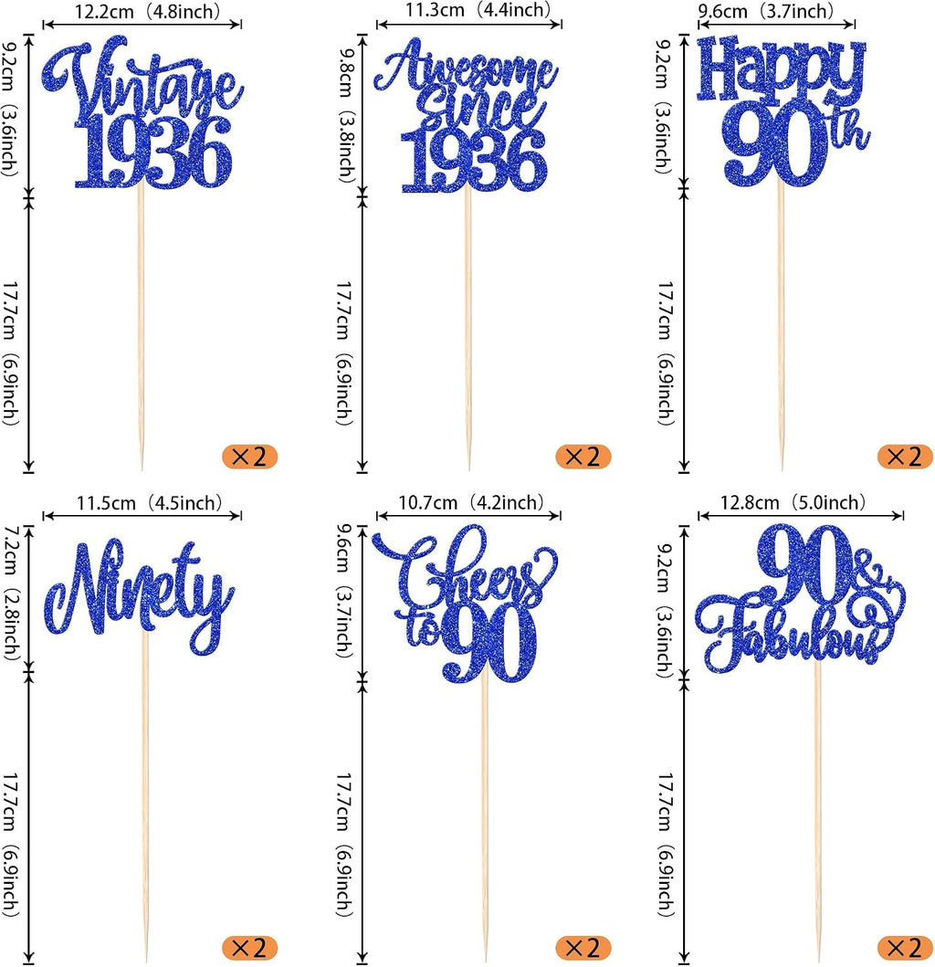 12 Pack Happy 90th Birthday Centerpiece Sticks Glitter Straight Outta 1936 Sixteen 90 Years Old Awesome Since 1936 Table Flower Centerpiece Sticks for 90 Fabulous Theme Party Supplies Blue