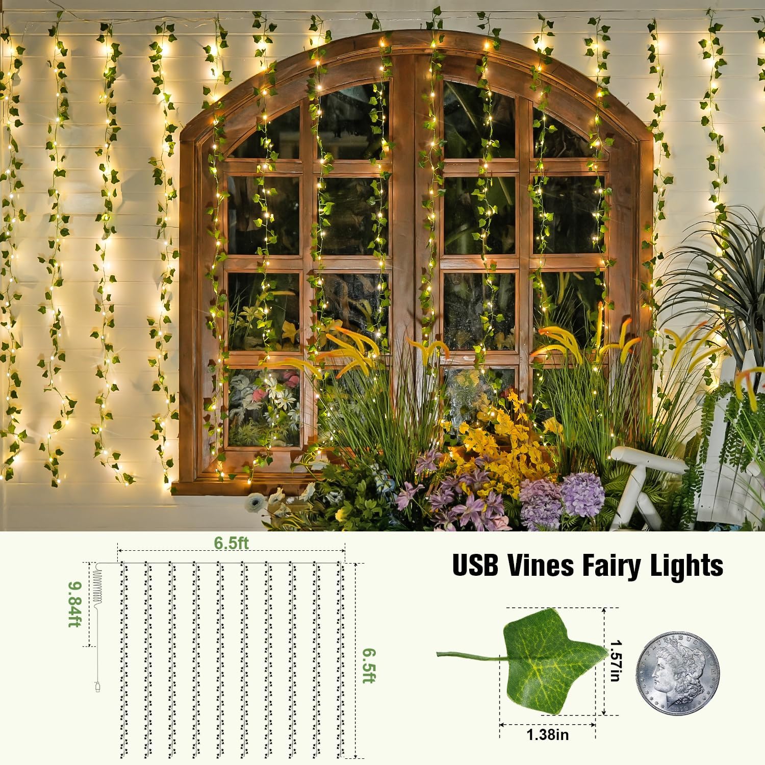 JMEXSUSS Vine Lights for Bedroom, 200 LED Vines Fairy Lights, Artificial Ivy Leaf Light for Wall Curtain Wedding Party Christmas Indoor Decor, 6.5ft x 6.5ft with Remote