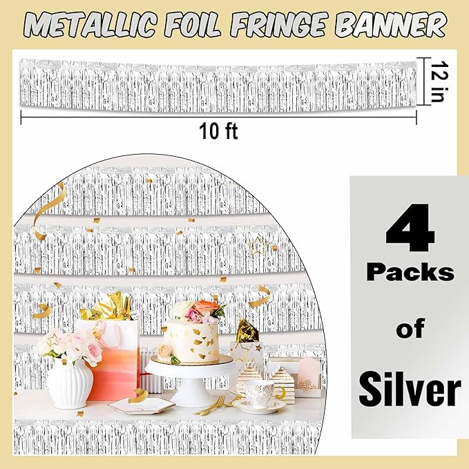 4 Pack 10 Ft Silver Foil Fringe Garland Metallic Streamers Tinsel Banner Wall Hanging Garland Backdrop for Parade Floats, Halloween, Christmas, Thanksgiving, New Year Party Decorations