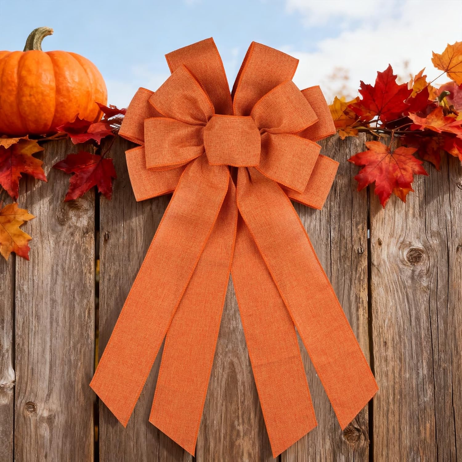 Orange Large Bow for Wreath Tree Topper 11x21 Inch Linen Texture Wired Ribbon Big Bows for Front Door Fall Halloween Decor Gift