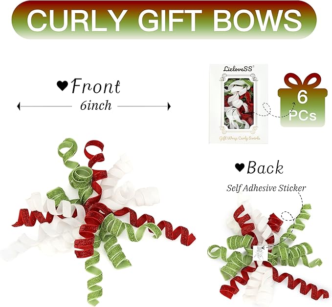 6" Metallic Glitter Red and Lime Green Self Adhesive Curly Ribbon Gift Wrap Bows for Christmas, Holiday, Birthday, Wedding, Presents, Party Favors Decorations 6-Count