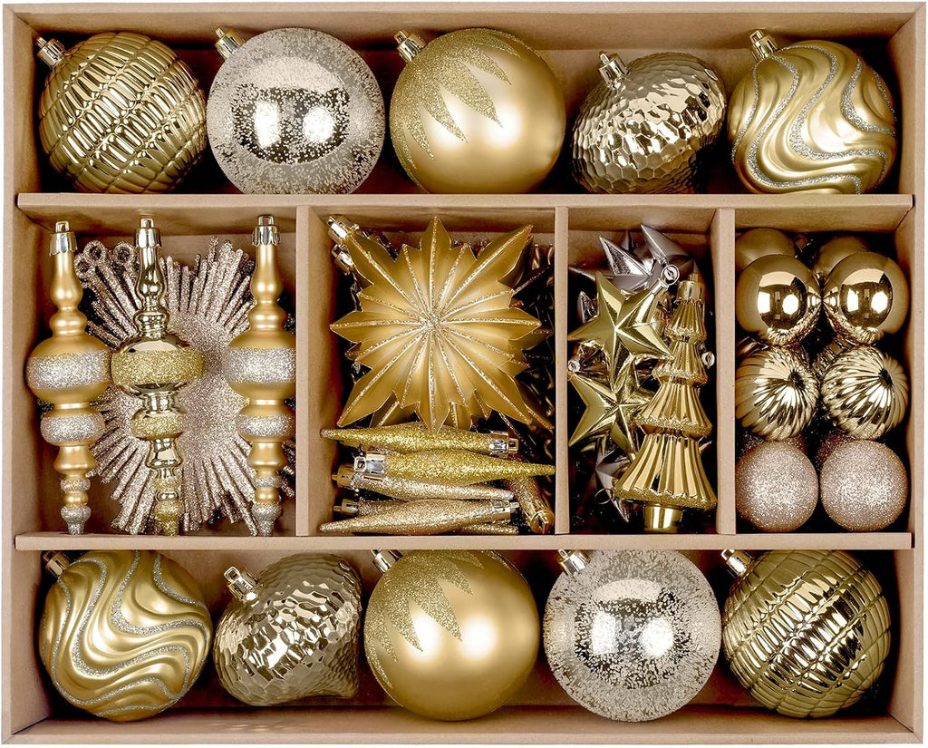 SHareconn 80pcs Christmas Balls Ornaments Set, Contemporary Light Luxury Gift Set, Shatterproof Plastic Decor for Xmas Tree Holiday Wedding Party Decorations with Hanging Strings, Dark and Light Gold