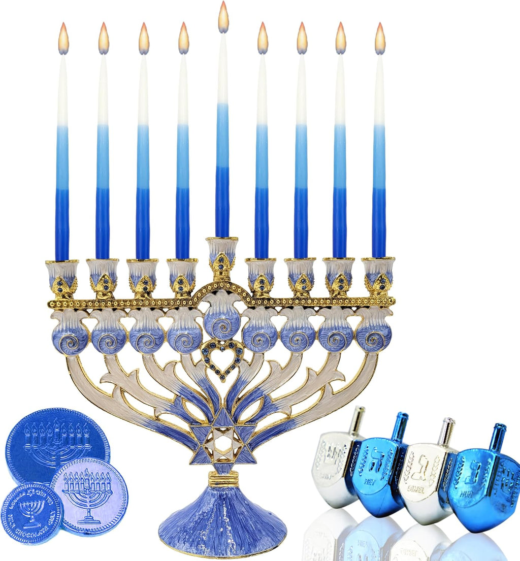 Deluxe Tapered Hanukkah Menorah Tri Color Blue, Blue, and White, Candles for All 8 Nights of Chanukah (10-Pack)