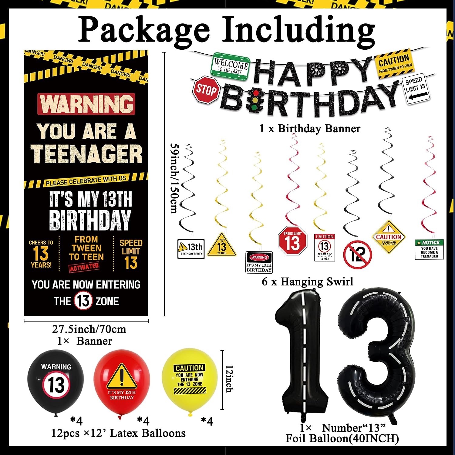 Roetyce 13th Birthday Decorations Boys Girls, Black Happy 13th Birthday Banner Backdrop Balloons Hanging Swirls, Caution Logo Themed Teenager 13 Years Old Party Yard Door Wall Cover Background