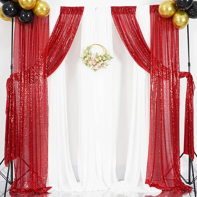 4Pcs 2Ft x 8Ft Red Sequin Backdrop Curtains, Glitter Photography Background, Sequence Xmas Thanksgiving Backdrop (Red, 4 pcs-2ftx8ft)