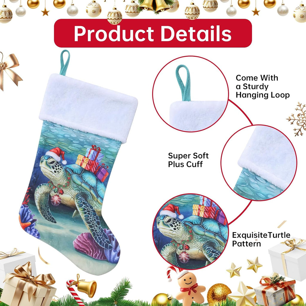 20 Inches Sea Turtle Christmas Stockings, Ocean Turtle Christmas Ornaments Large Hanging Stockings with Plush Cuff for Family Holiday Party Decorations