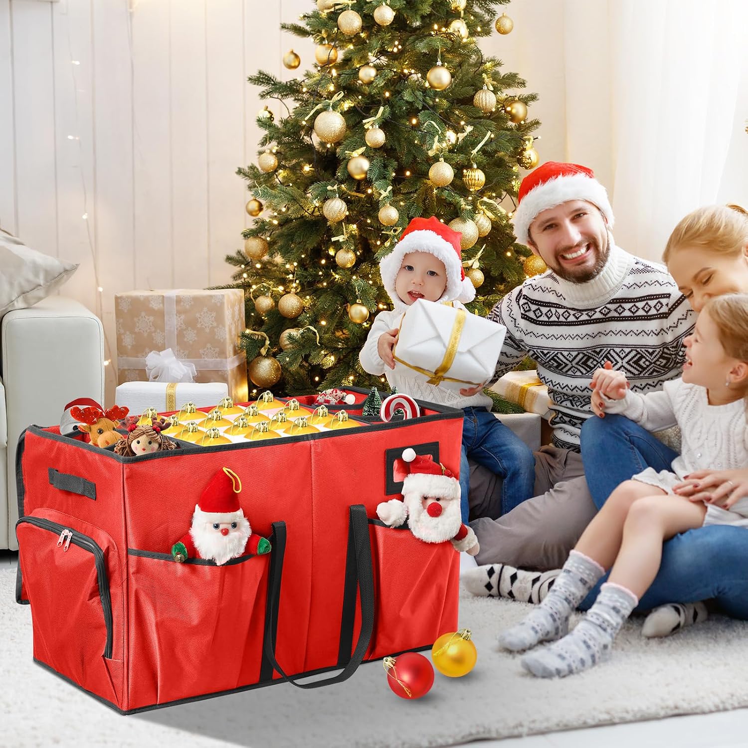 Christmas Ornament Storage Box,2-in-1 Christmas ornament organizer&Christmas Figurine Container,5 Trays,6 Adjustable Christmas Figurine Storage Grids,Red
