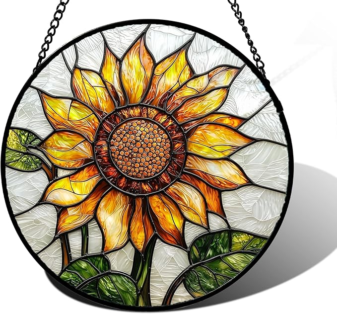 Stained Glass Window Hanging - Sunflower Flower Suncatcher Ready to Hang Window Doors Home Decoration and Christmas, Mother's Day Birthday Gifts for Women, Men, and Mom 7.8x7.8 in