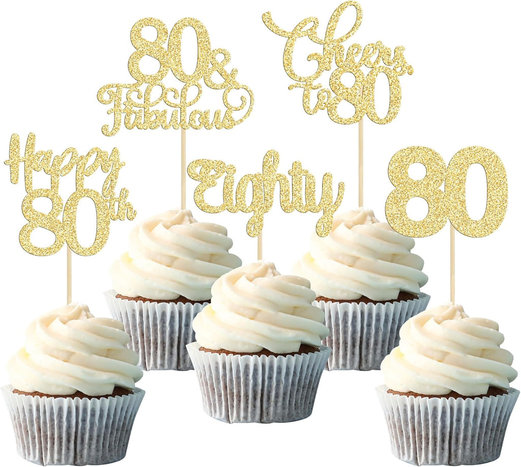 30 Pack Happy 80th Birthday Cupcake Toppers Gold Glitter Eighty Cheers to 80 Years Old Birthday Cupcake Picks for Happy 80th Anniversary Party Cake Decorations