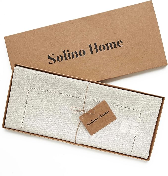 Solino Home Linen Table Runner 108 Inches Long - Classic Hemstitch 100% Pure Linen Light Natural Dining Table Runner 14 x 108 Inch for Fall, Autumn, Thanksgiving