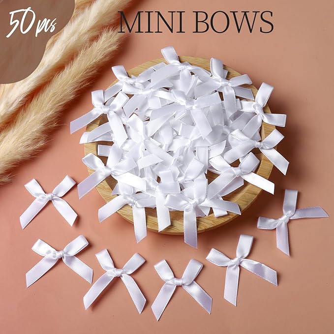 YGDZ 50 PCS Mini White Bows, Small Stain Ribbon White Bow for Crafts, Tiny Bows Decorations for Gift Wrapping, Wedding Party Favors, Cake, Balloons