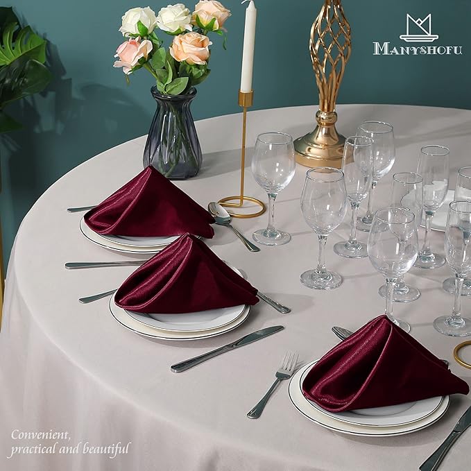 Manyshofu 60 Pieces Maroon Satin Napkins - 20x20 Inches Cloth Napkins, Square Satin Fabric Napkins Set - Elegant & Reusable Table Napkins for Wedding Dinner Party Lunch Banquet Restaurant Decoration