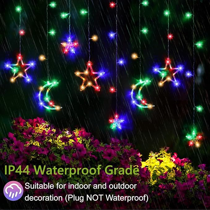 PUHONG Christmas String Lights, 138 LEDs Curtain Lights with 8 Light Modes, 11.48FT Star Moon Indoor Outdoor Fairy String for Window, Bedroom, Wall, Home, Ramadan, Christmas Decoration - Multicolored