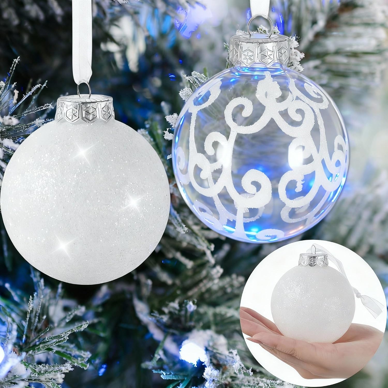 Halloscume 12 Pcs Large Glitter Christmas Ornaments Balls, 3.15 Inch Plastic Hanging Christmas Tree Ball, Glitter Snowball & White Swirl Transparent with White Ribbon for Xmas Tree Home Wedding Party