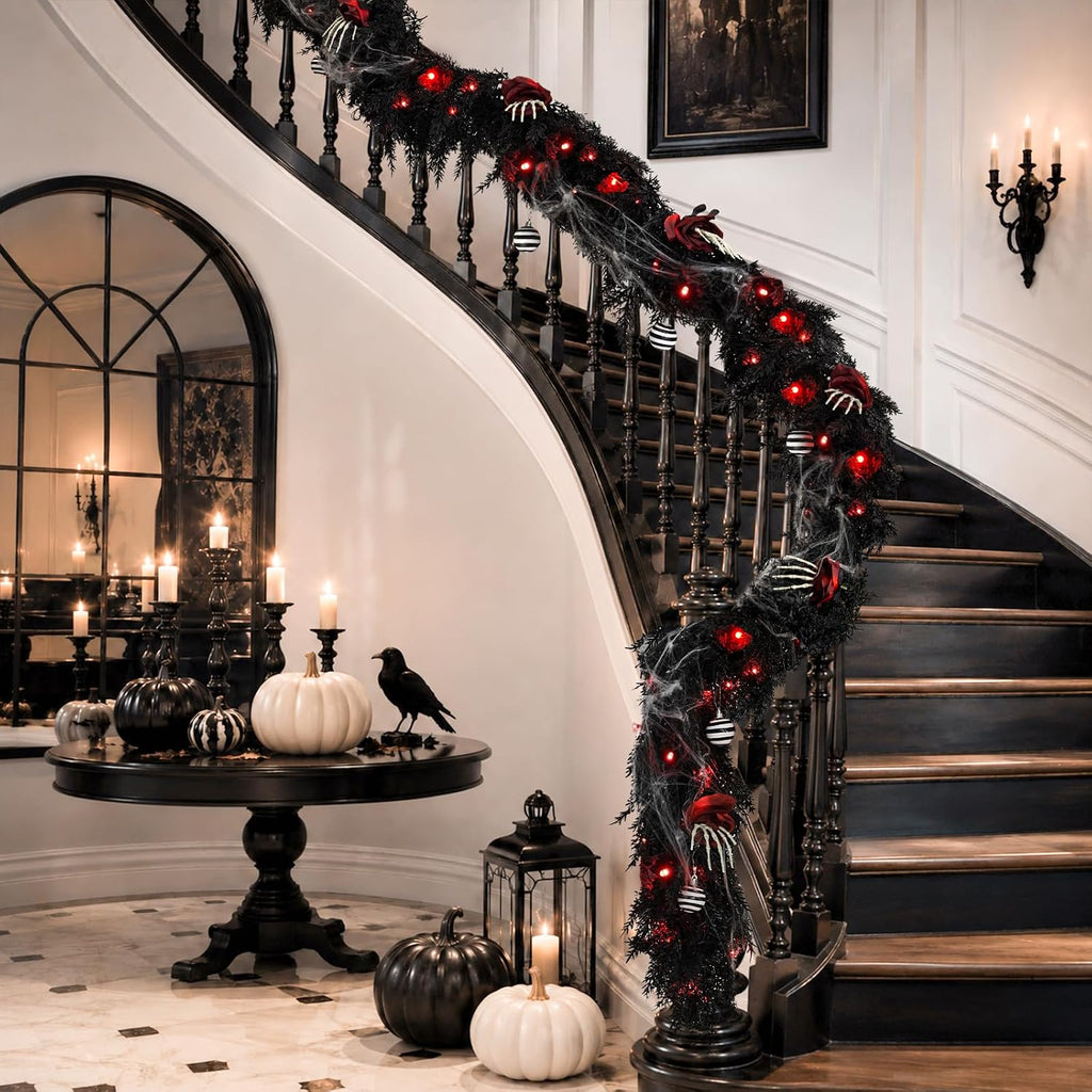 9ft black garland with lights and ornaments prelit, package contents