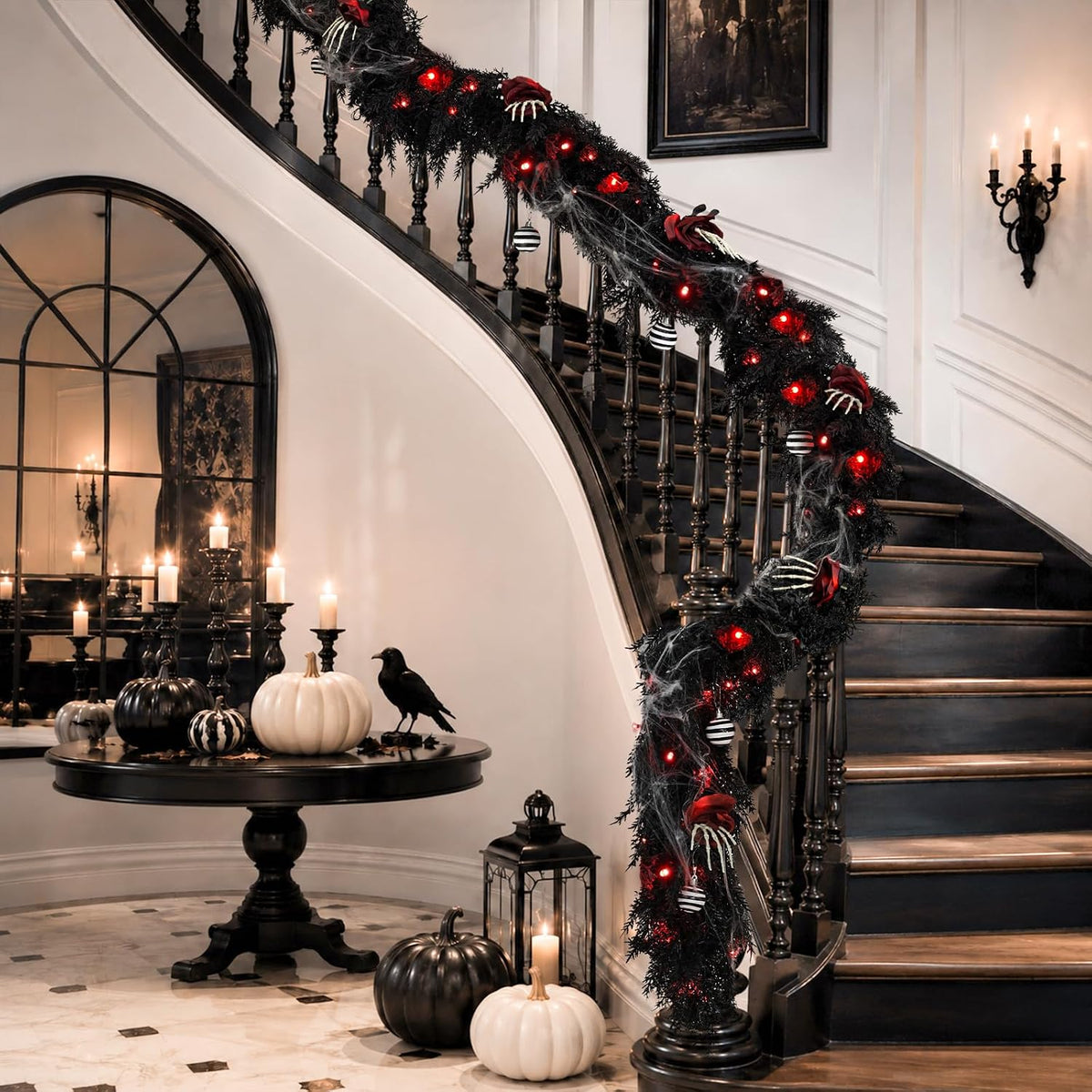 9ft black garland with lights and ornaments prelit, package contents