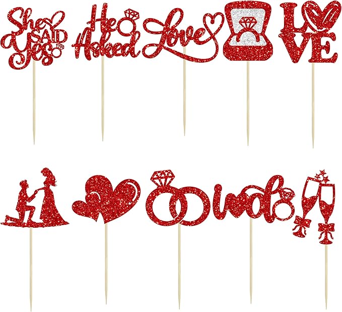 Ephlyn 30Pcs He Asked She Said Yes Cupcake Toppers Glitter Engagement Cupcake Toppers Diamond Ring Heart Love I Do Cupcake Picks for Engagement Wedding Party Cake Decorations Red