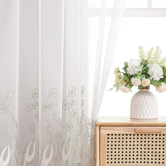 VISIONTEX White Sheer Voile Curtains, Decorative White Embossed Drip Rod Pocket Window Drapes for Home Kitchen, Living Room and Bedroom 54 x 95 Inch, Set of 2 Curtain Panels