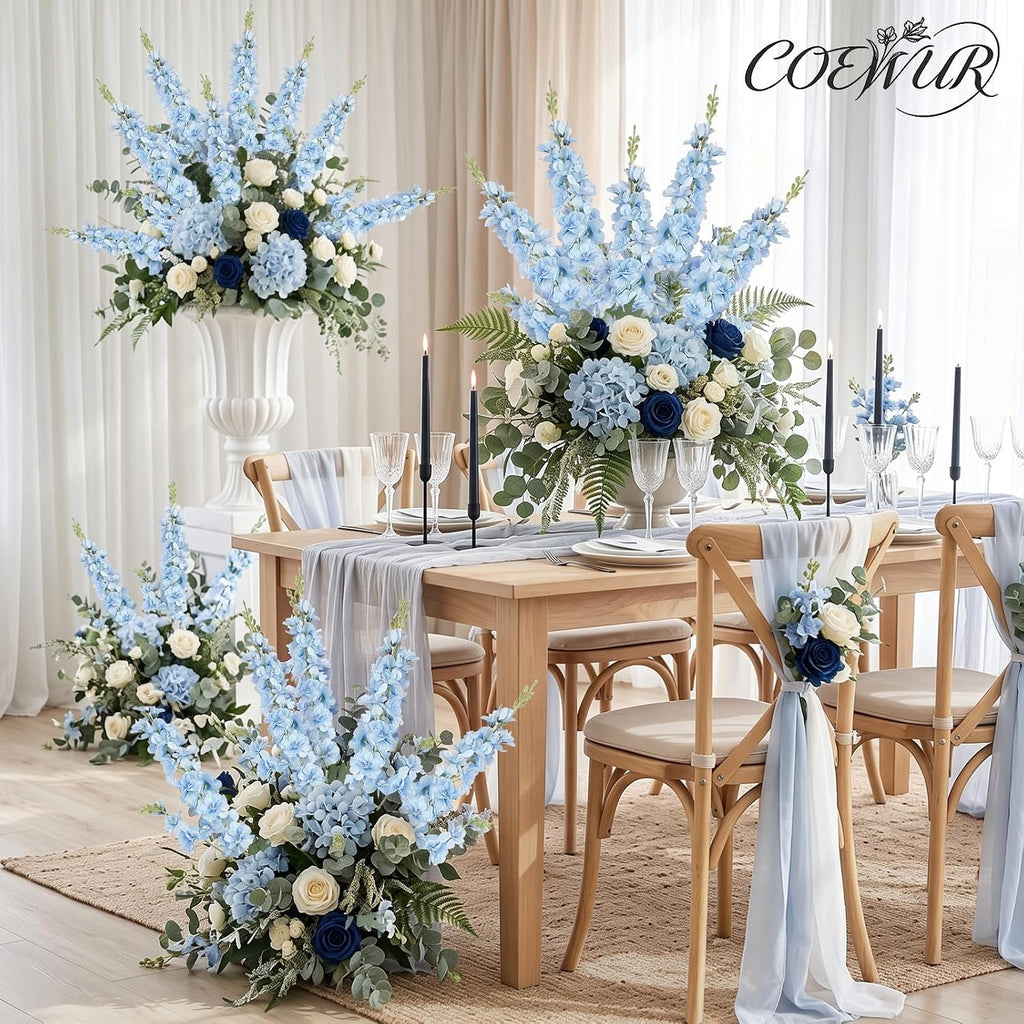 light blue delphinium artificial flower 33.5'' long stem showing dimensions