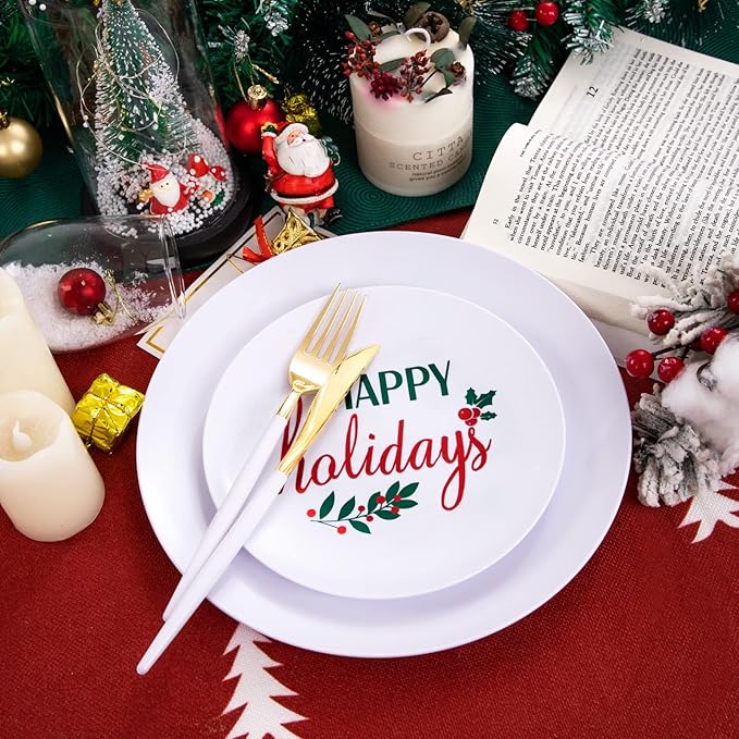 Supernal 150pcs Easter Plastic Dinnerware with Plastic Plates,White and Gold Silverware, Easter Disposable Party Plates with "Happy Holiday" Design for Festival Gatherings