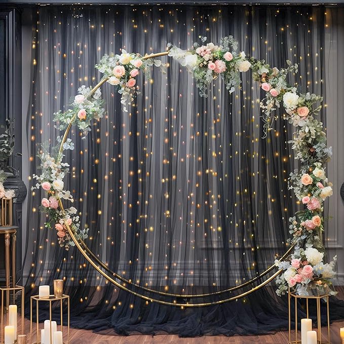 30×10ft Black Tulle Backdrop Curtain with Lights String for Parties, Sheer Curtain Backdrop Drapes for Wedding Party Photography Background