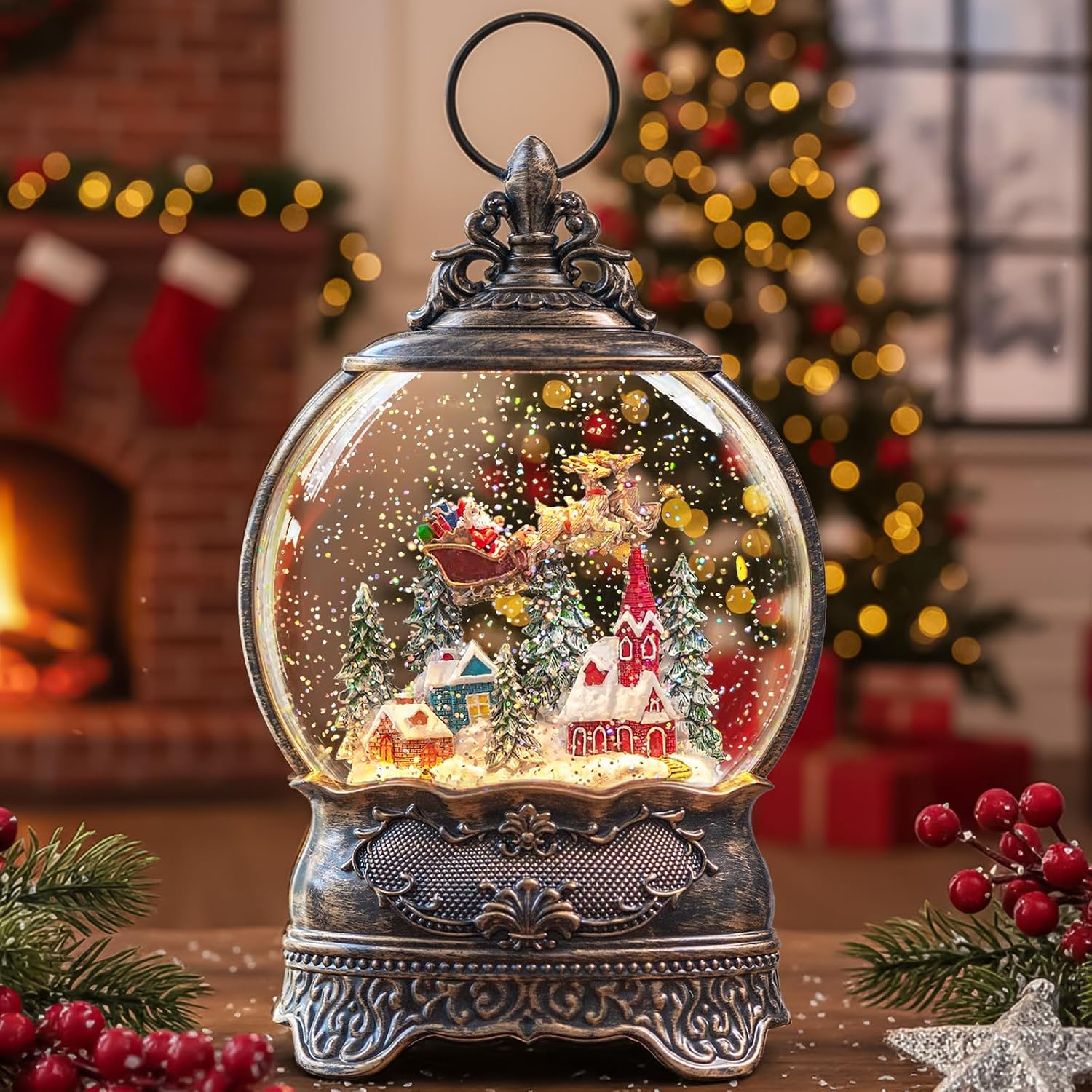 Christmas Snow Globe Lantern with Santa Claus Flying Reindeer, Lighted Swirling Glittering Snow Globes with Music & Timer, Christmas Decorations for Home Tabletop Indoor Gifts
