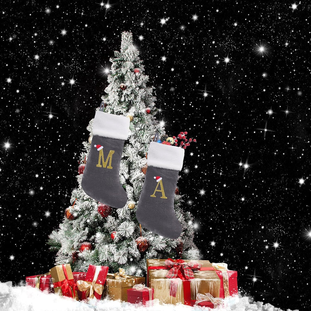 20 Inches Monogram Christmas Stockings with Letters Large Super Soft Christmas Stockings, Grey Velvet with White Plush Cuff Embroidered Xmas Stocking for Christmas Family Decor Letter P